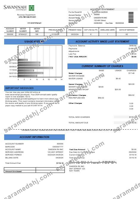USA Georgia Savannah business utility bill template in Word and PDF formats